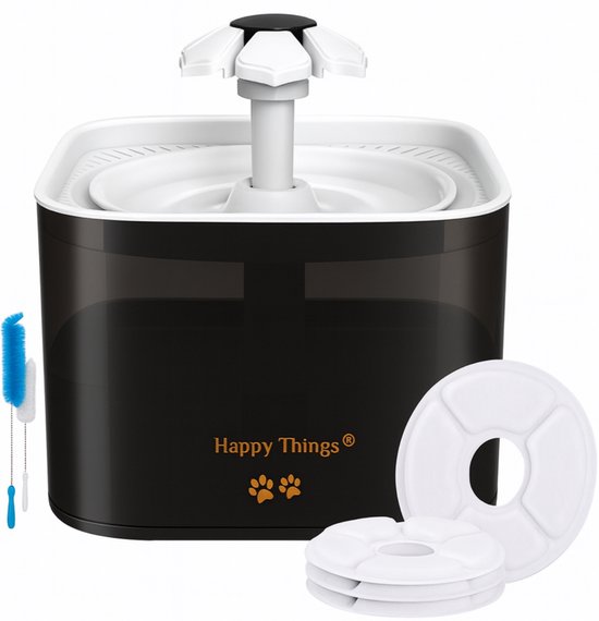Happy Things - Drinkfontein Hond en Kat - Geruisloos - 2.5 L - Transparant Zwart met Goud - incl 4 Filters
