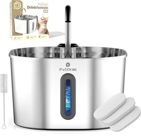 Pawdore Drinkfontein Kat en Hond - Kattenfontein 2.2L - Waterfontein Kat RVS - Incl 5 Filters en Cleaning Tool - Fluisterstil