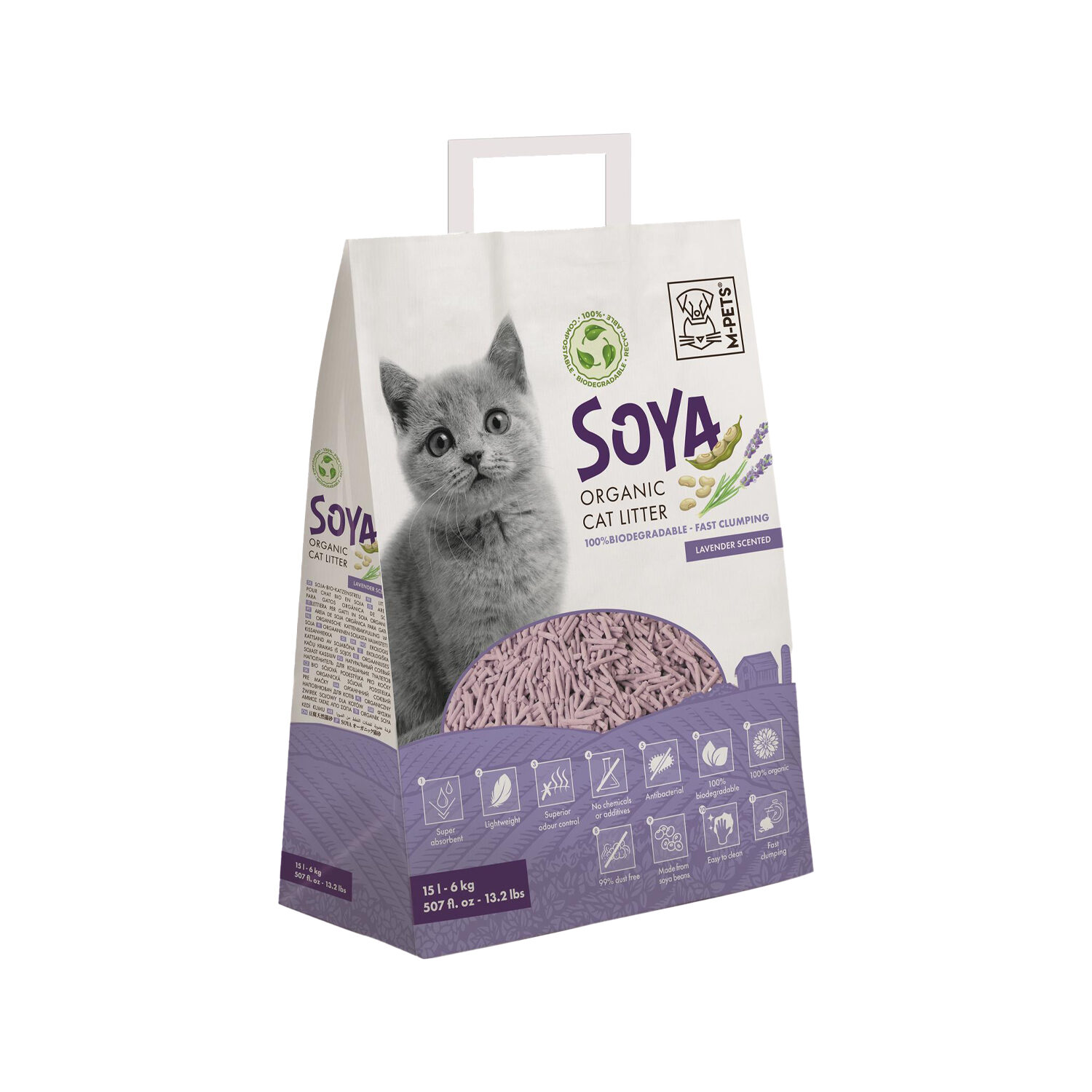 Kattenbakvulling: M-PETS - Soya Kattenbakvulling - 6 kg - 15 L - Lavendel Geur