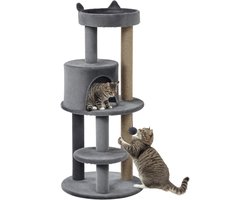 Krabpaal: 1 stuk - Krabpaal met 3 etages &ndash; Met kattenhuisje en hangbal &ndash; Sisal en pluche &ndash; 48x48x104 cm &ndash; GrijsKrabpaal met 3 etages &ndash; Met kattenhuisje en hangbal &ndash; Sisal en pluche &ndash; 48x48x104 cm &ndash; Grijs