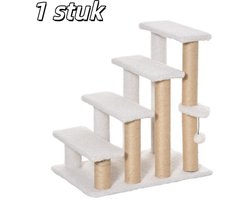 1 stuk - Krabpaal voor katten - Huisdiertrap met krabpaal - Universele trap voor katten en honden, niveau 4 - Gemaakt van spaanplaat, pluche en jute - 60x40x64 cm - Geschikt voor katten en honden - Wit