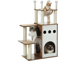 108 cm houten kattentoren met 2 verdiepingen - kattenmeubilair met krabpalen en bungelende ballen - Sky City geïnspireerd - capsulesnest