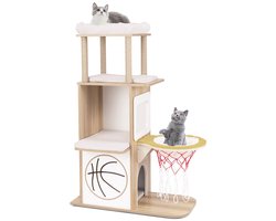 120 cm Houten Kattenboom met Sportthema 2 Niveaus 2 Zitstokken Hangmat Basketbalhoepel Jute Krabpalen Gevoerde Kussens