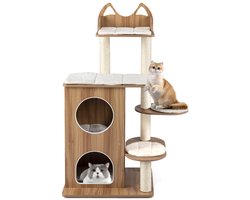 122 cm Hoge Krabpaal van Hout Kattenboom met 2 Verdiepingen Tellende Kattenhol Uitkijkplatform Bovenin en Sisal Krabpalen