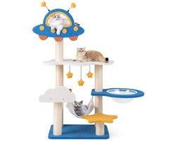 124 cm Krabpaal met Ruimtethema UFO-Zitstok Ruimtecapsule Sisal Krabpalen Wolken- en Sterrenplatforms Kattenkrabpaal Blauw