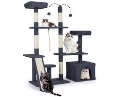 136 cm Hoge Krabpaal Met Speelhuisje Voor Kittens Met Meerdere Niveaus-Donkergrijs