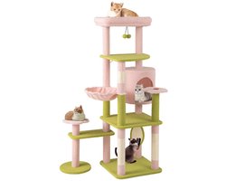 148 cm Krabpaal Bloementhema Kattenboom met Meerdere Verdiepingen met Kattenmand Hangmat Sisalpalen Krabplank Bal Roze + Groen