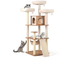 168CM Kattenboom met 3 Gevoerde Platforms Condo Sisal Krabpalen Ladder Hangende Ballen Wasbare Kussens voor Binnenkatten