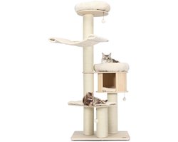 174 cm Massief Houten Krabpaal met Sisal Krabpalen Kattenhok Pluche Zitstok Hangmat Rinkelende Haarbal Klimrek voor Katten