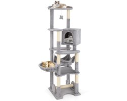 176 cm Krabpaal van Hout Grote Katten Krabpaal met Hol Mand Bed Hangmat Sisalpalen Platforms Speelgoed Kattenmeubel Klimboom Grijs
