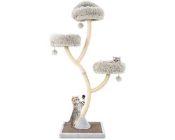178 cm Kattenboom met Sisal-Krabzuilen 3 Warme Ligvlakken en Pluche Ballen Kattentoren met Gebogen Metalen Frame Klimboom (Grijs)