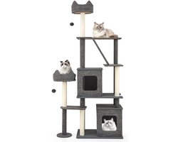 180 cm Krabpaal Groot Kattenboom met 2 Holletjes Platforms Kattenbed Sisalpalen Bal & Ladder en Sisalplank Kattenkrabpaal Katten Grijs