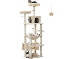 184 cm Grote krabpaal voor grote katten - kattentoren met krabpalen en kussentjes - bedekt met sisal - 2 gewatteerde zitstokken - dubbel verblijf en mand - beige