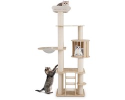 185 cm Hoge Houten Krabpaal Klimboom met Wasbare Pluche Kussens Indoor Kattenmeubels