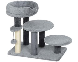 2-in-1 Krabpaal en Trappetje voor Katten 60x40x56cm Grijs Comfortabele Zachte Pluche Stof Met Jute Krabpaal en Speelbal Stevige Brede Basis Ondersteunt Katten tot 6 kg Veilig en Gemakkelijk Op Te Klimmen Beschermt Meubels