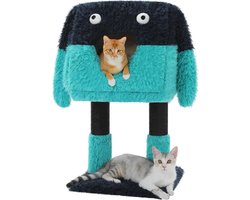 2-in-1 Monster Style Cat House with Scratching Trunk - Warm Cat Tree with Cuddly Cavity - Funny Cat Bed with Removable Cat Bed Cat Basket for Indoor Cats Blue