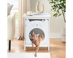 2-in-1 nachtkastje Kattenkastje - Kattenbakmeubel - Kattenmeubel met schattige kattenkop ingang - Voor woonkamer & slaapkamer - 47,5 x 51 x 60,5 cm Wit