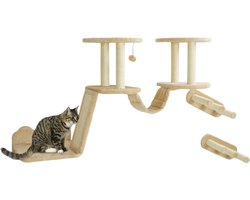Wandmeubel: 3-Delige Katten Klimwand Set – Kattenmeubels met Krabpaal, Ligplanken, Ladder & Krabplank – Beige/Crèmewit