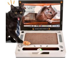 3-in-1 kartonnen krab-laptop voor katten met speelgoed pluche muis en belletjesbal - robuuste golfkarton krabmat voor katten - krabonderlegger voor katten met krasoefenonderlegger interactief