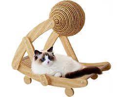 3-in-1 Krabplank voor Katten - Ergonomische Boogvorm Krabpaal met Jute Krabbal - Duurzaam Krabmeubel & Kattenmand - Slapen, Spelen & Krabben - Inclusief Kattenspeelgoed - Stevige Krabmat van Hout & Jute - 55x42x32 cm
