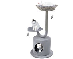 3-Niveau Binnenkattenboom 106 cm Kattentoren met Gebogen Metalen Frame Krabpaal Zitstok 50 x 50 x 106 cm Grijs