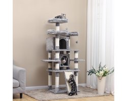 3XL Krabpaal klimboom met Kattenhuis - stabiele krabpaal met hangmat - groot uitkijkplatform - 154 cm - Rookgrijs