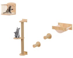 4-In-1 Kattenwandaccessoires Kattenwandplanken met 3-Laags Kattenboom Hangmat Krabpaal en Mat Kattenklimboom voor Binnenkatten