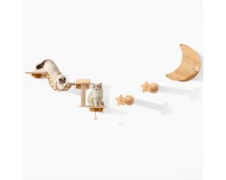 6 STK Klimwand Katten 2-traps Krabpaal met Platforms Hangmat Kattenladder Klimboom Houten kattenmeubels Natuur