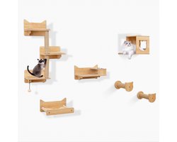 6 STUKS Klimwand Kat Krabpaal met Platforms Voederbak Kattenhuis Hangmat 2 Krabpalen & Bal Natuur