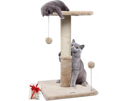 66 cm Kattenkrabpaal met zitstang en hangende ballen - Natuurlijke sisal-krabpalen voor huiskatten en kittens met gezellig kattenbed - Beige