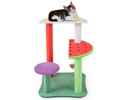 69 CM Schattige Krabpaal Multi-Level Kattentoren in de Vorm van Fruit met Platforms Hangende Aardbei Bal