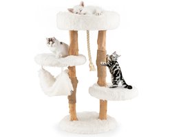 87 cm Houten Kattenboom met Hangmat Verschillende Platforms Kattentoren met Zacht Kussen Ophangbaar Sisaltouw