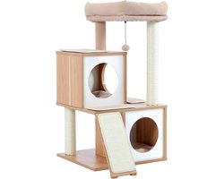 93 cm Houten Krabpaal met Dubbele Holletjes en Afneembare Zitstang