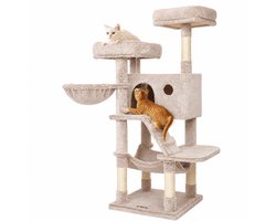 Krabpaal: AALVERO - Katten krabpaal - Kattenboom - Klimpaal - Krabmeubel - Speeltjes - Hangmat - Zachte Hoes - 135x49CM - Medium - Beige
