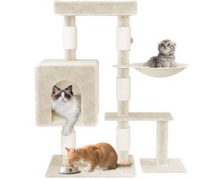 Krabpaal: Aufun Kattenboom Krabpaal Kattenkrabpaal voor Katten, Klimboom met hangmat en speelopties kattenstal Speelhuis Krabpalen, 49x40.5x92.5cm, Beige