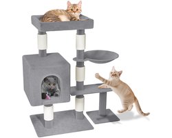 Krabpaal: Aufun Kattenboom Krabpaal Kattenkrabpaal voor Katten, Klimboom met hangmat en speelopties kattenstal Speelhuis Krabpalen, 49x40.5x92.5cm, Lichtgrijs