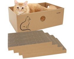 AUSCAT Kattenkrabplank met doos, 4 stuks. Dubbelzijdige krabplank voor katten, gegolfd karton krabplank voor binnenkatten, 37 x 27 x 13 cm