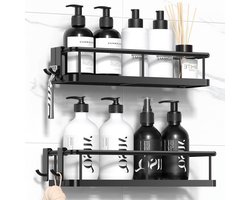 Badkamerorganizer zonder boren - Doucheplank met 4 verwijderbare haken (Zwart)