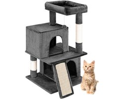 BAKAJI Krabpaal voor katten met 3 huisjes en 1 bal, krabpaal voor huisdieren, gevoerd en zacht, speelgoed, activiteitencentrum, meerdere niveaus, klimplant, hoogte 91,5 cm (grijs)