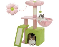 Bealive® Krabpaal - Katten toren - Dieren boom - Roze en groen - 40 x 30 x 80 cm - Met hangmat, krab oprit, schuil ruimte etc.