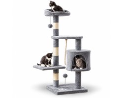 Krabpaal: belviona Kattenkrabpaal 112 cm, met huisje, platforms, sisal & speelballen, lichtgrijs