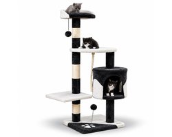 Krabpaal: belviona Kattenkrabpaal 112 cm, met huisje, platforms, sisal & speelballen, zwart/wit