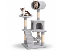 Krabpaal: belviona Kattenkrabpaal met huisje, 133 cm, hangmat, trap & sisalpalen, lichtgrijs