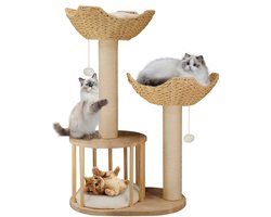 BingoPaw Krabboom - Moderne Krabboom Hout - 99cm Hoge Stabiele Krabboom - met 2 Kattenmanden Pluche Ballen Sisal Kolom Kattengrot - Luxe Klimboom voor Katten in alle Levensfasen
