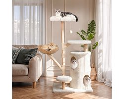 BingoPaw Krabpaal voor Katten – 142 cm Kattentoren met Echt Houten Palen – Mandje van Gevlochten Riet – Kattenhuis, Topperch & Platforms – Sisal Krabpalen – Stijlvolle Kattenboom – Geschikt ≤6 kg