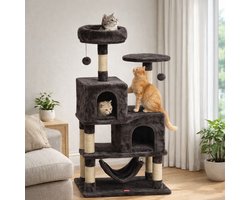 BOTC Krabpaal XXL - 140 cm hoge Kattentoren voor binnenkatten - Kattenhuis met krabpalen - Hangmat - Pluche zitplaats - Donkergrijs