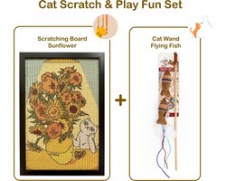 Cat Scratch & Play Fun Set - Sunflower Cat Wall Art Scratching Board (No Nails Install / Long Lasting) & Cat Wand Flying Fish (with Feather Bead Bell Catnip) / Planche Murale Chat / Krabplank Sisal / Krabplanken Muur / KerstCadeau Christmas Gift