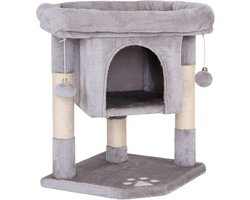 Cat Scratching Post with Hollow and 2 Plush Balls - Height 60 cm - Sisal Rope and Soft Plush - Suitable for Small and Large Cats - Light Grey