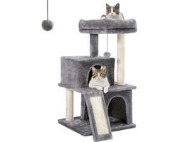 Cat Tree Scratching Post - Sisal Rope Plush Lounger Playhouse with Caves Toy for Cats Grey