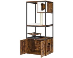 Cellista Krabpaal - Kattenboom met Kattenbakkast - Kattenmeubel 3-in-1 - Verhoogde Voerbak - 61 x 50 x 146 cm Vintage Bruin